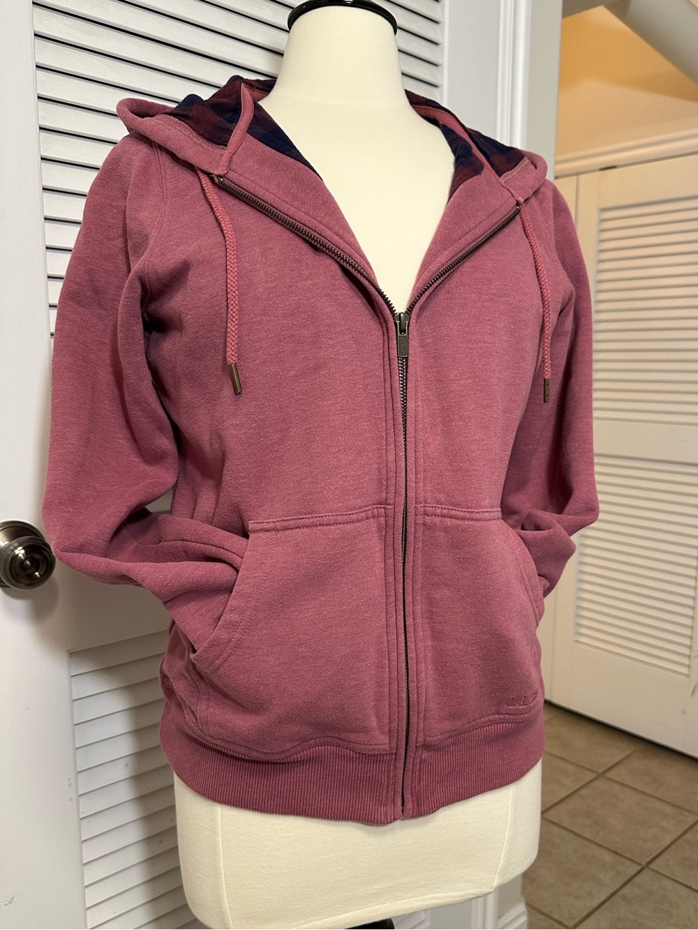 LLBean women’s pink flannel lined hoodie EUC